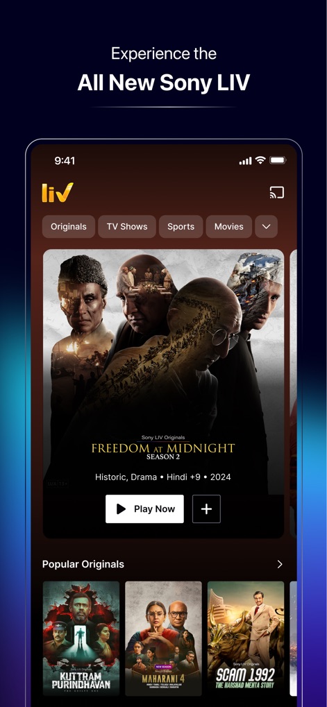 Sony LIV - L'application propose une interface d'accueil claire avec des onglets de navigation pour les 'Originals' et les 'Films', permettant aux utilisateurs d'accéder rapidement à des contenus phares tels que "Freedom at Midnight".