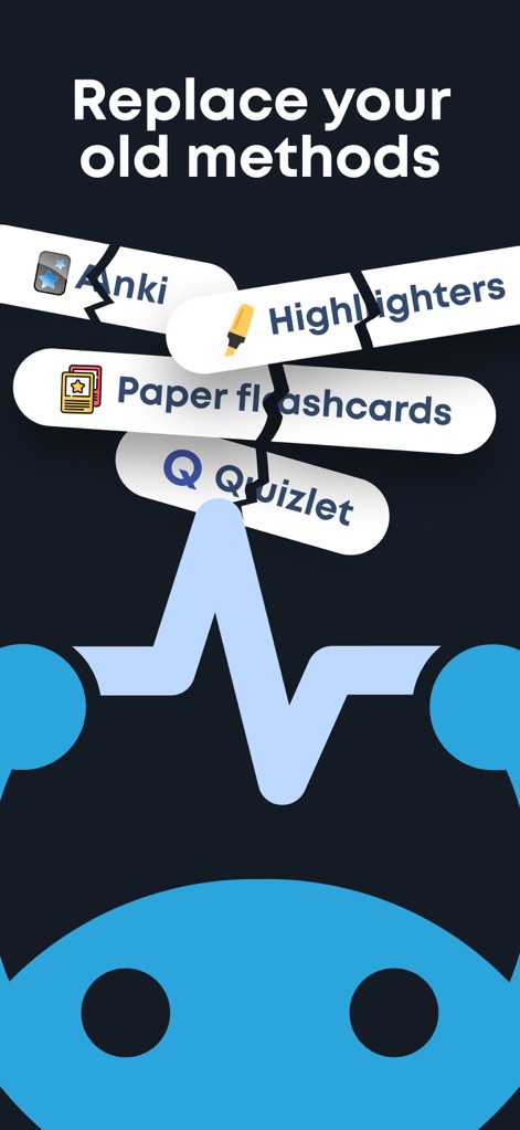Brainscape - Study Flashcards - A imagem mostra elementos como "Anki" e "Paper flashcards" sendo quebrados, simbolizando a superioridade do aplicativo em relação a métodos de estudo tradicionais e menos eficientes.