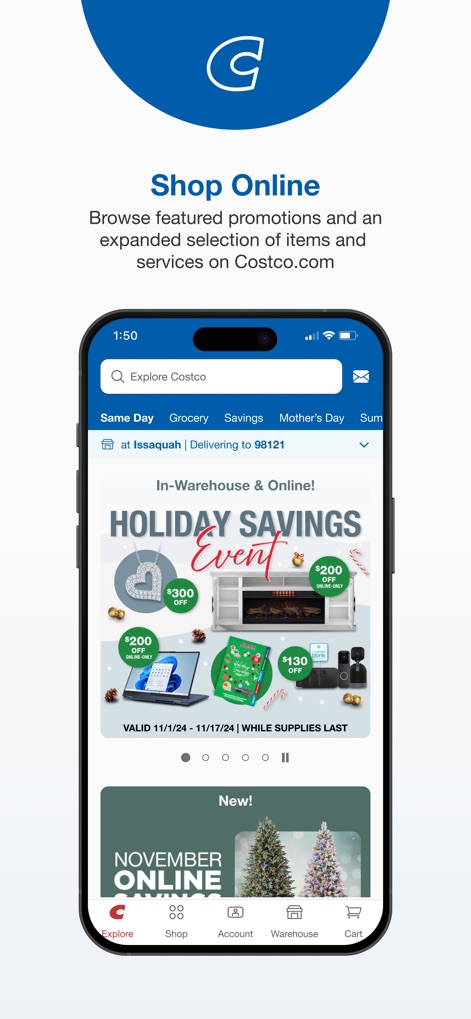 Costco - Explore a wide array of products and promotions, showcasing dynamic 'Holiday Savings Event' banners and an intuitive 'Explore Costco' search functionality for easy navigation.