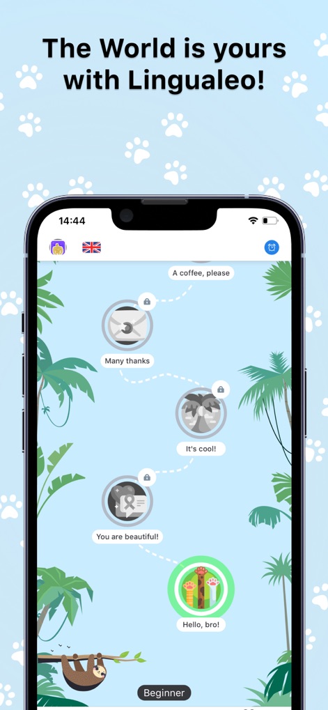 Lingualeo: Language Learning - Explore the app's engaging gamified lesson path presented through interactive circles and the immersive tropical jungle background, creating an adventurous learning experience.