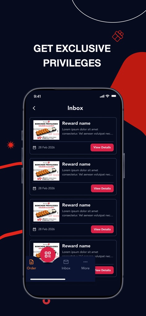 Bonchon Thailand - The "Inbox" feature allows users to review their exclusive "Bonchon Privileges" and access detailed information through dedicated "View Details" buttons.