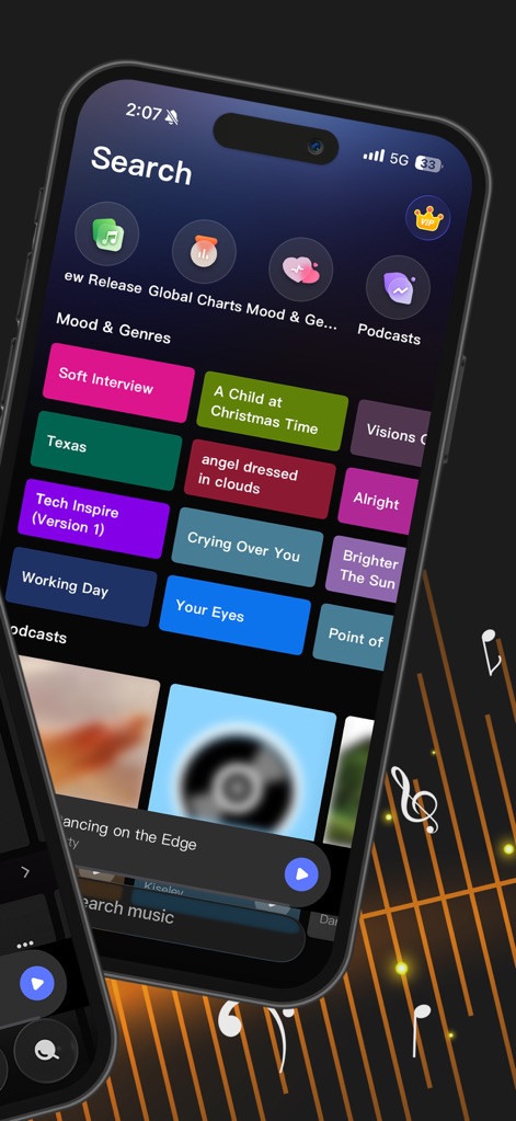 Music X : Offline Music player - Esta pantalla de búsqueda robusta facilita la exploración musical, ofreciendo filtros por estado de ánimo y géneros variados como 'Soft Interview', junto con una sección dedicada a podcasts para una experiencia auditiva completa.