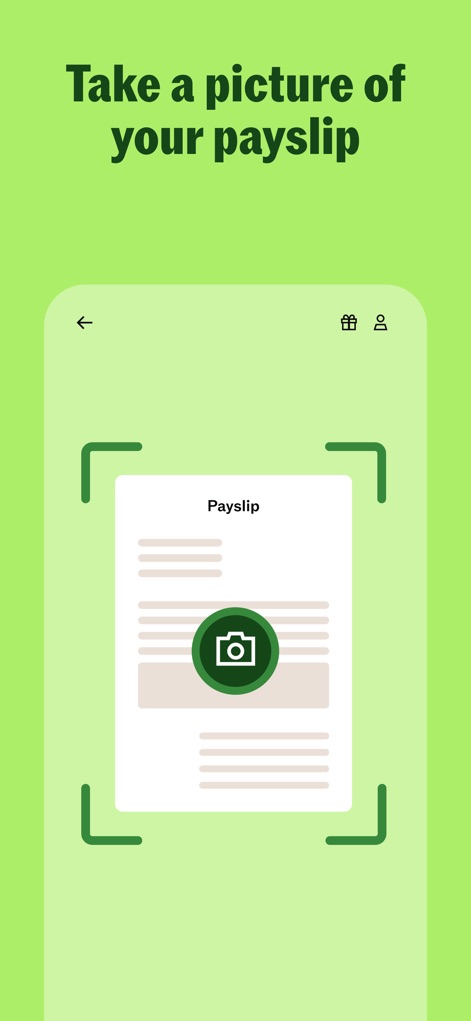 Taxfix: Tax return for Germany - The app demonstrates its convenient data transfer feature, showcasing how users can easily take a picture of their "Payslip" using the integrated camera icon for quick processing.