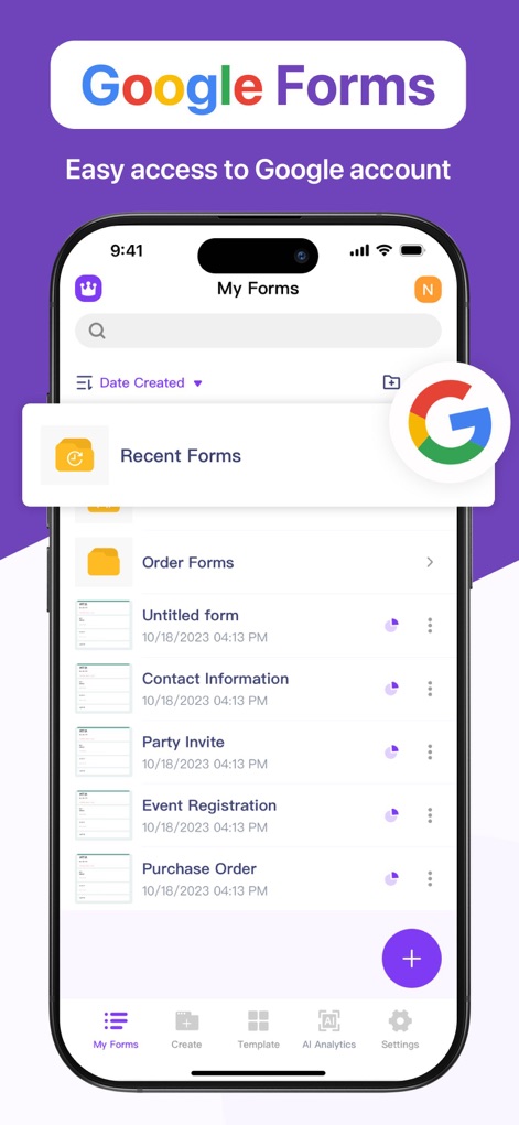 Forms for Google․ - See how the app provides easy access to Google accounts and organizes your diverse forms within a streamlined 'My Forms' interface.