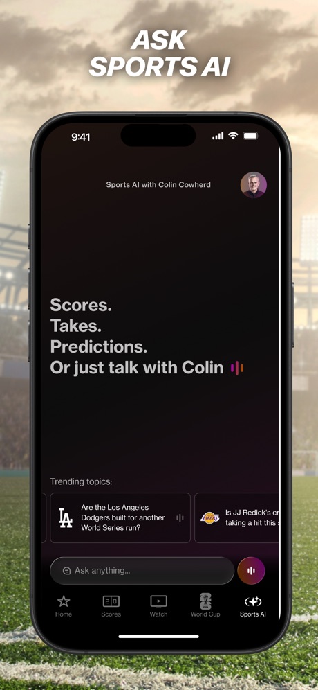 FOX Sports: Watch Live Games App Store screenshot 4, headline “ASK SPORTS AI”. Orange.