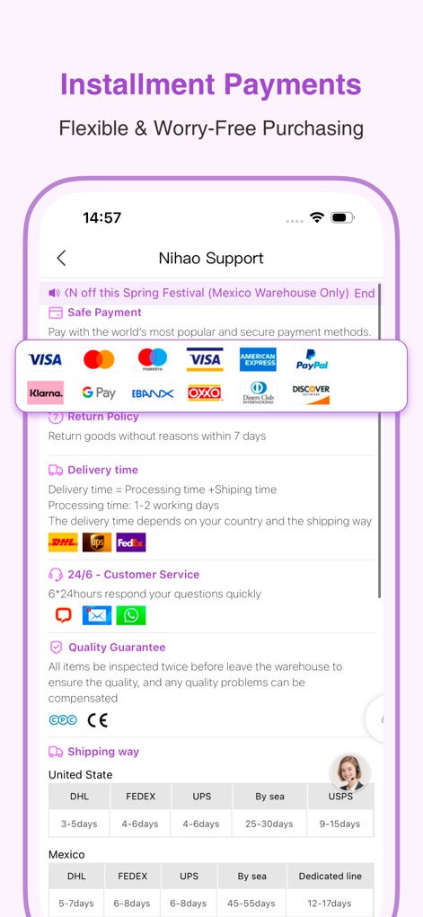 Nihaojewelry-Wholesale Online - Die App demonstriert ihre Flexibilität durch verschiedene Ratenzahlungsoptionen und bietet gleichzeitig klare Informationen zu Lieferzeiten und Rückgabebedingungen.