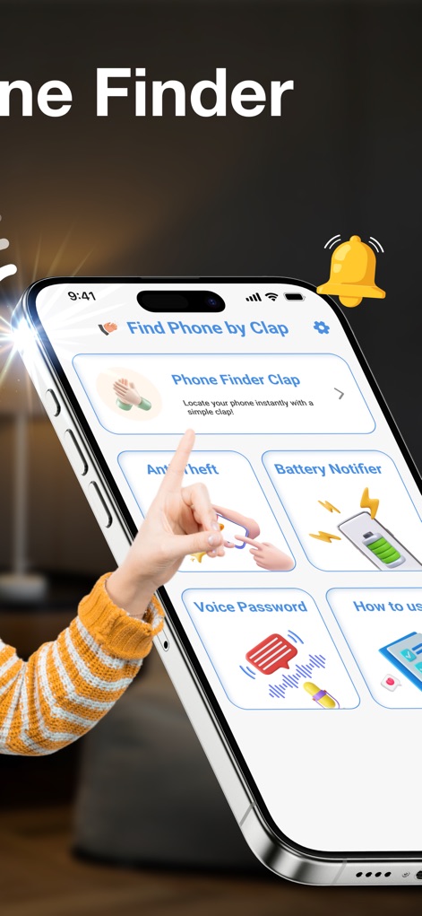 Find My Phone By Clapping - Découvrez l'interface utilisateur claire de l'application, affichant des options clés telles que 'Phone Finder Clap' pour la localisation par applaudissement, et des fonctionnalités avancées comme 'Anti-theft' et 'Battery Notifier'.