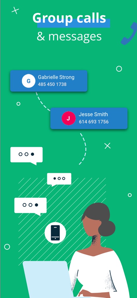 Line2 - Second Phone Number - Die App unterstützt Gruppenanrufe und Nachrichten, was durch die verbundenen Kontaktblasen von mehreren Personen und die Darstellung von Chat-Sprechblasen zur Gruppenkommunikation verdeutlicht wird.