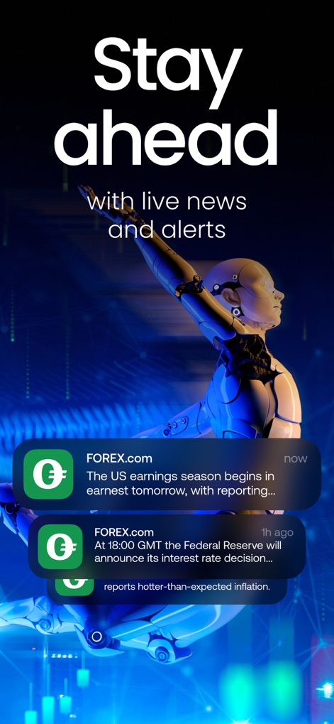 FOREX.com Forex Trading Broker - Users can stay informed with "FOREX.com" notifications providing critical market insights like earnings season updates and Federal Reserve interest rate announcements.