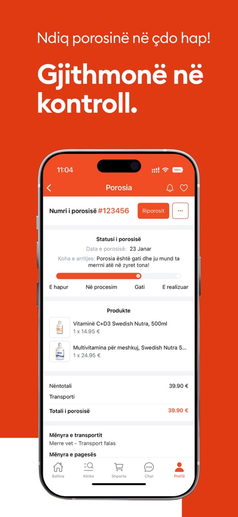 GjirafaMall - The app provides a detailed order status bar, allowing users to track their purchases through stages like 'në proces' (in process) and view a full breakdown of ordered products.