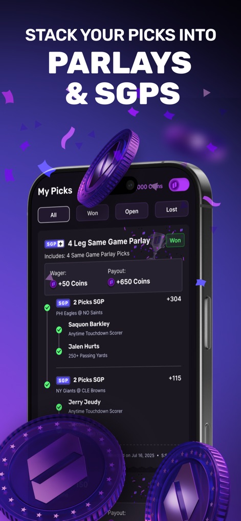 Onyx - Sports Picks - Users can review their successful "Won" parlays, showcasing detailed individual player picks and the corresponding wagered coins and payout.