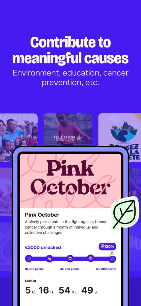 United Heroes - Los usuarios pueden involucrarse en causas benéficas a través de desafíos como 'Pink October' con una barra de progreso visible, y una cuenta regresiva que impulsa la participación en eventos solidarios.