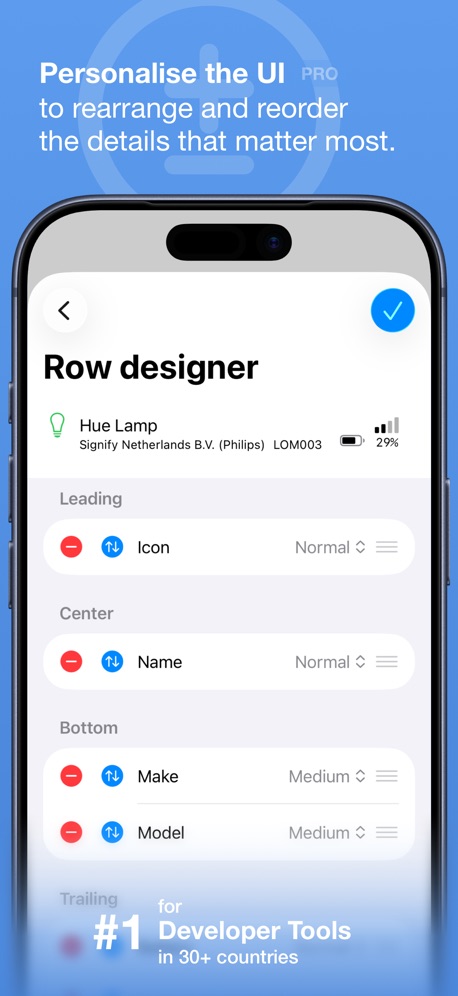 Bluetooth Inspector App Store screenshot 6, headline “Personalise the UI to rearrange and reorder the details that matter most.”. Headline over eight words.