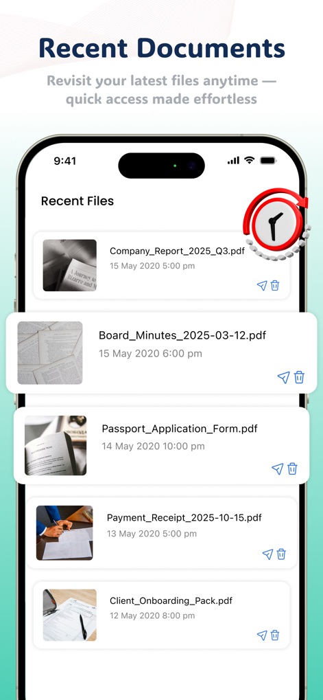 OKEN Scanner - PDF Scanner - Retrouvez instantanément vos documents les plus récents grâce à une liste claire de 'Recent Files' incluant le nom et la date, et l'icône d'horloge symbolisant la facilité de reprise.