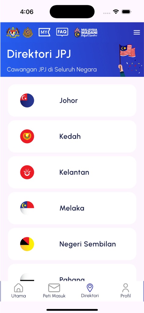 MyJPJ - This screen displays the 'Direktori JPJ', allowing users to quickly find JPJ branch offices by selecting from a list of Malaysian states, each accompanied by its respective state flag.
