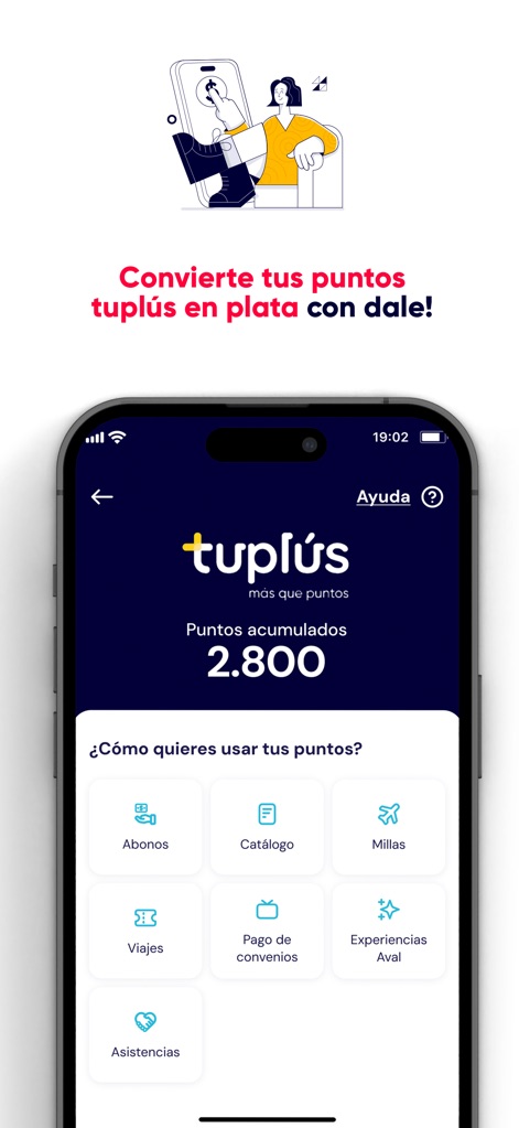 dale! Colombia - The app features a comprehensive 'tuplús' loyalty program, allowing users to track their points balance and redeem them across categories like 'Millas' and 'Viajes'.