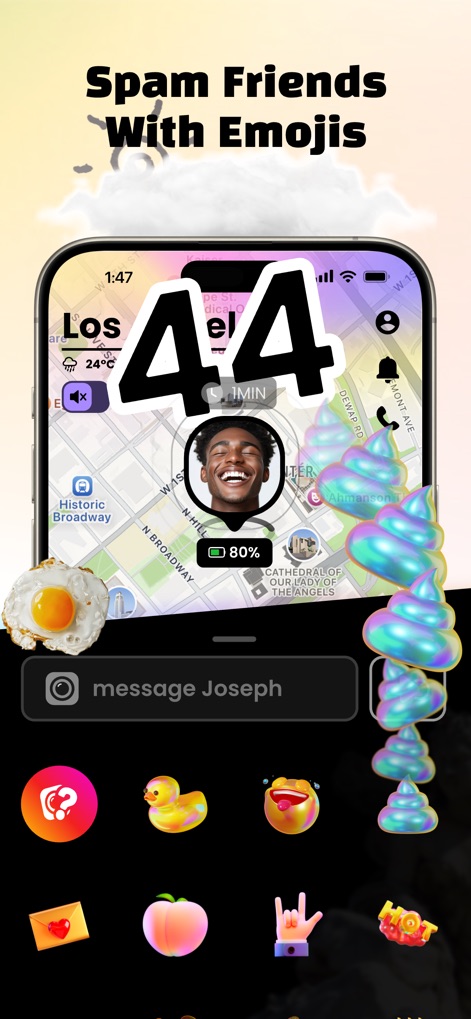 Jagat-Find Family & Friends - A imagem revela a opção de enviar "Emoji Bombs", com múltiplos ícones de emoji de cocô coloridos e um ovo frito decorativo, destacando a comunicação expressiva e lúdica.