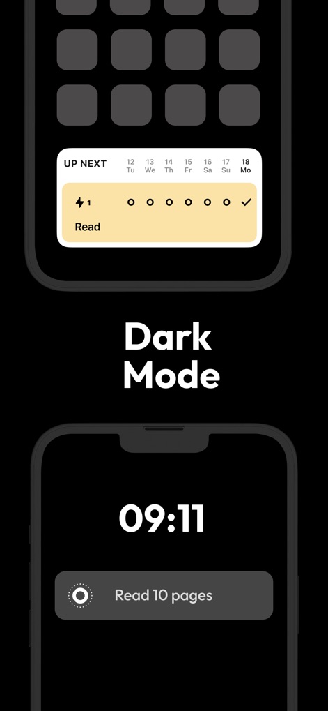 Onrise: Habit Tracker & Focus - La aplicación ofrece un "Dark Mode" para una experiencia visual cómoda, mostrando un widget de seguimiento de hábitos con el estado de las tareas y otro widget de temporizador de enfoque en la pantalla de inicio.