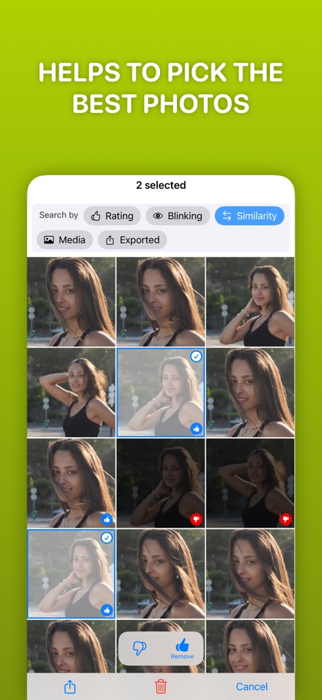 Lens Buddy - Self Timer Camera - このアプリは、ユーザーが撮影した写真の中から最適なものを効率的に選べます。評価機能と類似度検出により、多数のショットから傑作を素早く特定し、管理できます。