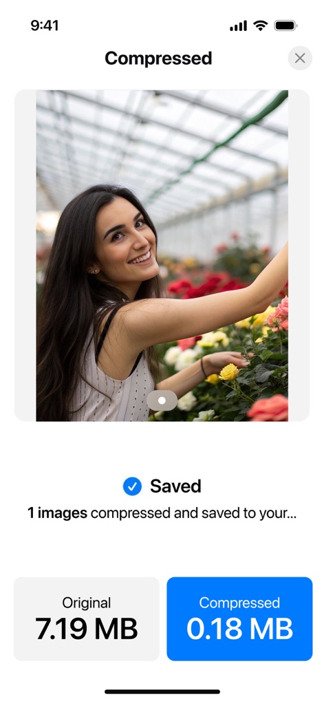 Compress Photos, Resize Image - The app clearly displays compression success with a 'Saved' confirmation and allows direct comparison of 'Original' versus 'Compressed' file sizes for visual assurance.