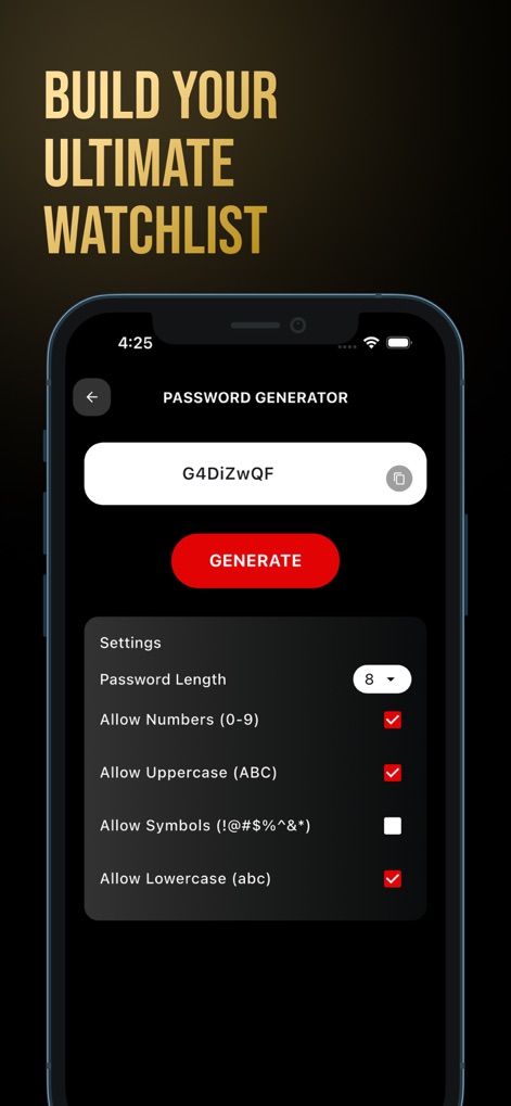 Seeker : Watch Movies,TV drama - Enhance online security with the app's robust password generator, featuring customizable settings for password complexity like "Allow Numbers" and "Allow Symbols", activated by an intuitive "GENERATE" button.