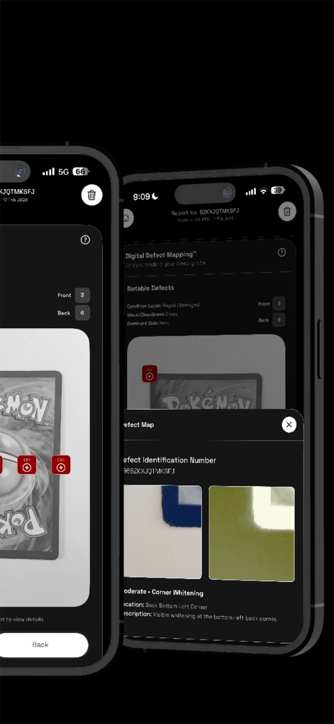 Digital Grading Co - This feature provides a zoomed-in visual of specific imperfections, such as "Corner Whitening," alongside a detailed pop-up description outlining the defect's nature and exact location.