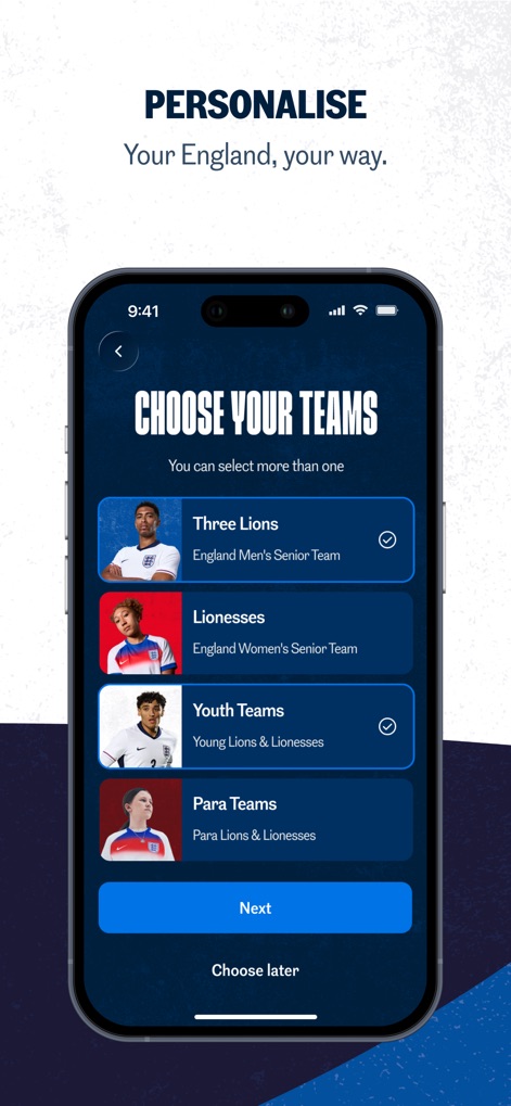 The Official England App - Users can tailor their experience by selecting specific teams like the 'Three Lions' and 'Lionesses', enabling a personalized content feed based on their chosen preferences.