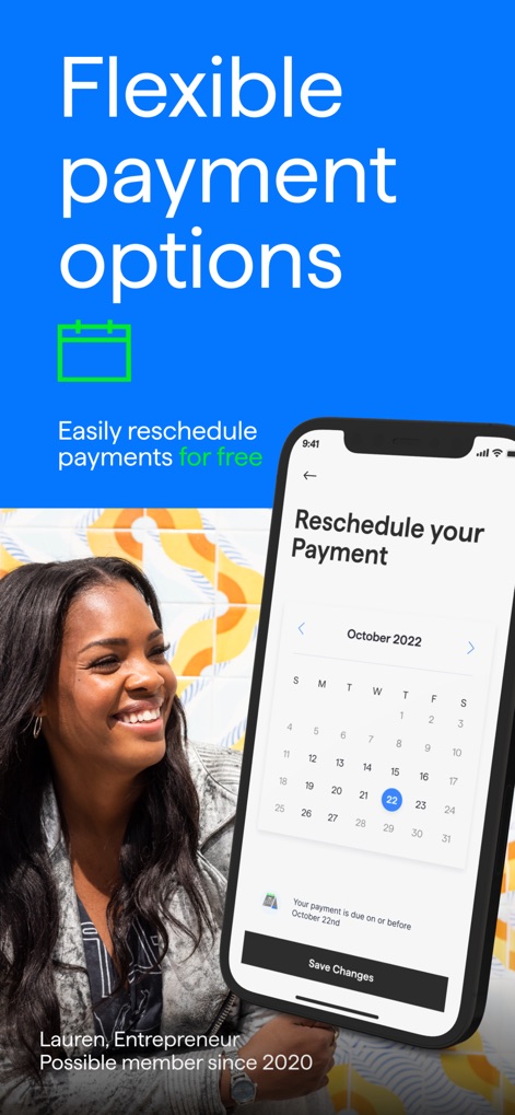 Possible: Fast Cash & Credit - The app empowers users with flexible repayment, offering a calendar interface to "Reschedule your Payment" and clearly stating that payments can be rescheduled "for free".