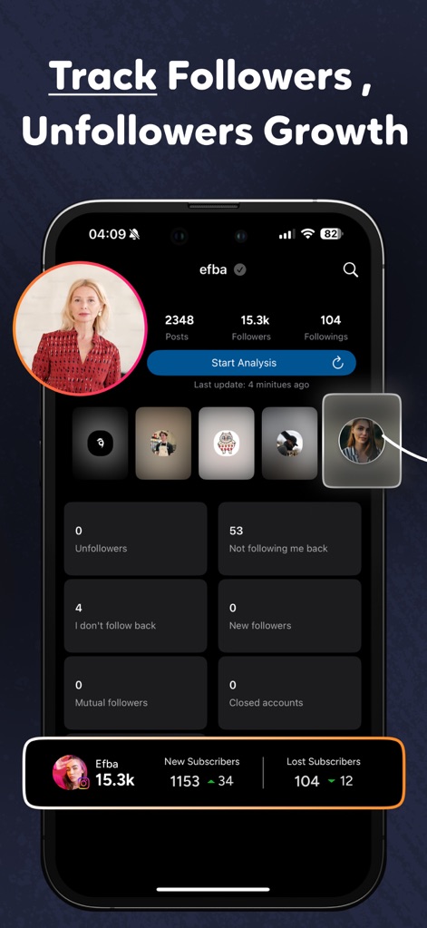 Postegro Tracker for Instagram - This tool provides comprehensive follower dynamics, showcasing 'Unfollowers' and users 'Not following me back' alongside real-time 'New Subscribers' and 'Lost Subscribers' metrics.