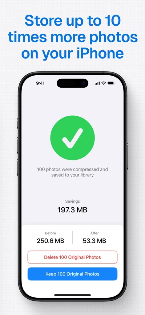 Compress Photos & Pictures - The app provides a clear summary of storage savings, displaying the total 197.3 MB saved, and offers users direct options to either delete or keep original photos.
