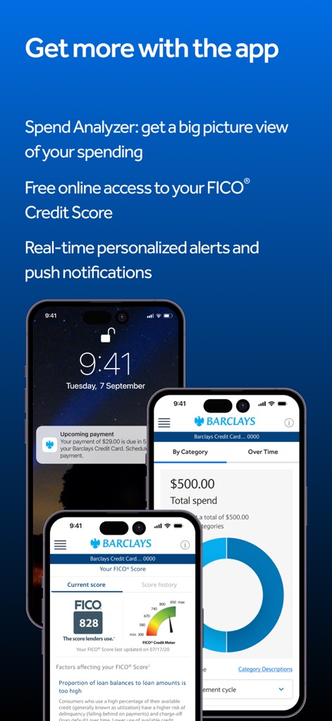 Barclays US - This composite view highlights the app's advanced features, including the Spend Analyzer for spending insights and free access to the user's FICO® Credit Score.