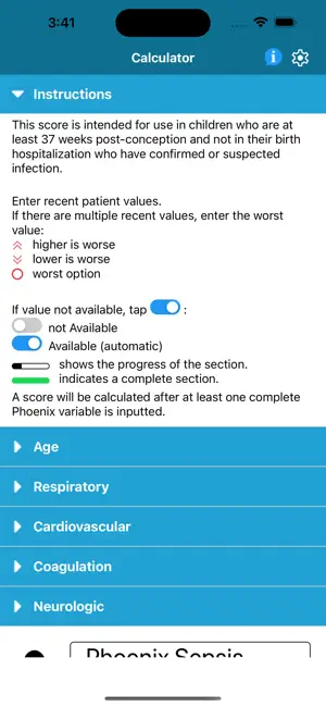 Phoenix Sepsis Calculator screenshot 1
