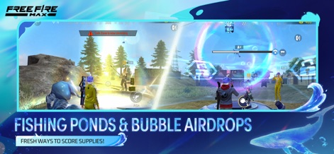 Free Fire MAX - 新しい釣り池で物資を確保し、空中を浮遊するバブルエアドロップから貴重なアイテムを獲得することで、戦術的な優位を築けます。