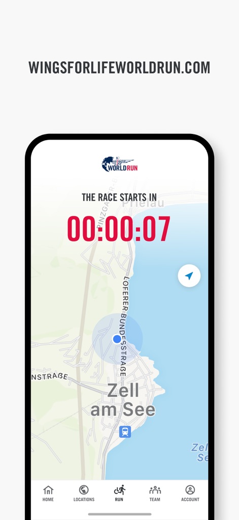 Wings for Life World Run - This screen generates excitement with a prominent, real-time countdown to the race start and an accompanying map detailing the run's immediate area.
