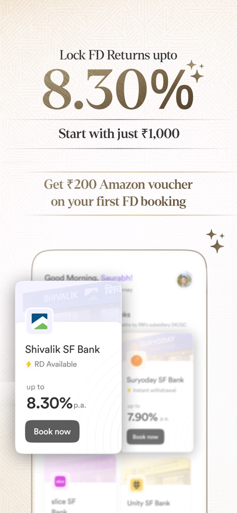 Stable Money: FDs, Bonds, Gold - The app highlights attractive FD rates, such as up to 8.30% p.a. from Shivalik SF Bank, and allows users to compare options from various institutions like Suryoday SF Bank.