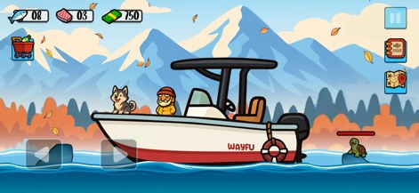 Catch and Feed - Witness the serene main fishing interface, featuring the user's boat with a charming fisherman and dog companion, set against a backdrop of majestic mountains.