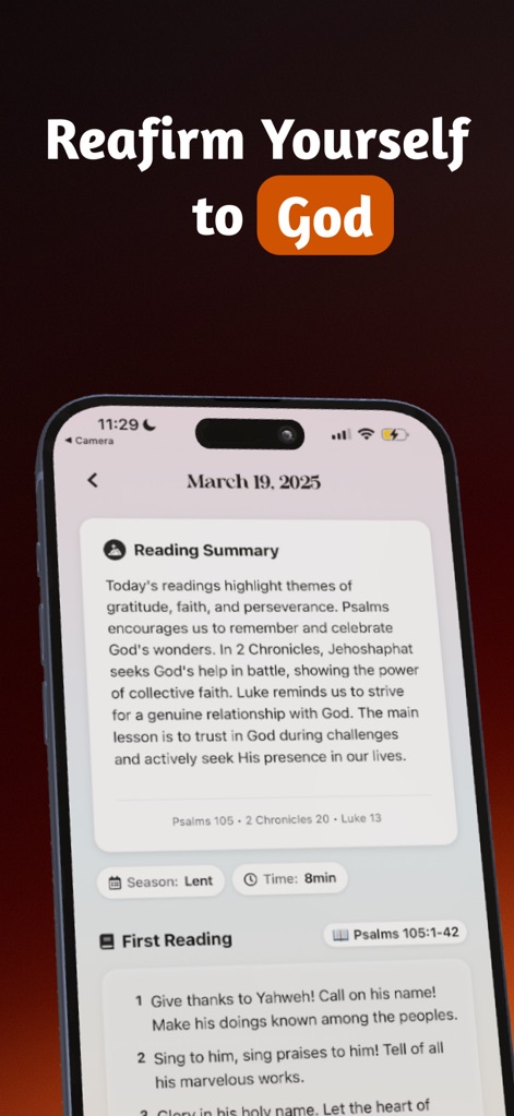 Unchaind: Overcome Lust - Dieses Tool bietet eine detaillierte "Reading Summary" und spezifische "First Reading" Abschnitte aus der Bibel, um die Nutzer in ihrem Glauben zu stärken.