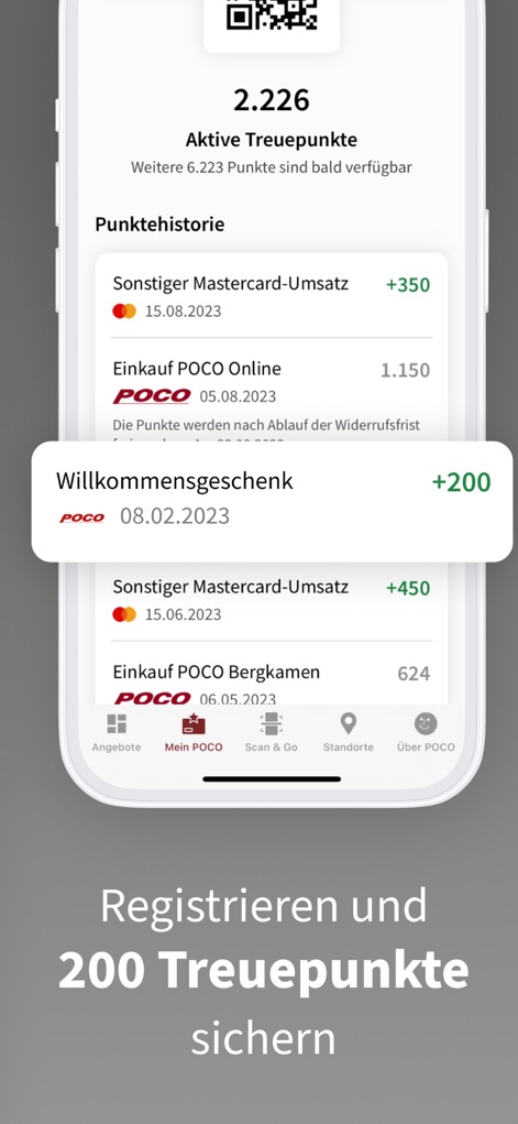 POCO I Möbel, Deko & Prospekte - A ferramenta detalha o "Punktehistorie" do usuário, incluindo pontos de compras e um "Willkommensgeschenk" de 200 pontos.
