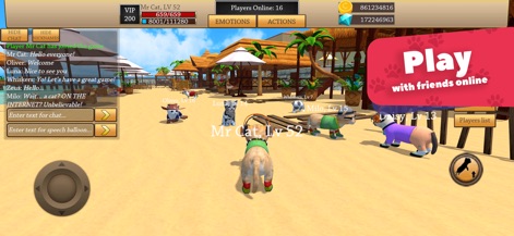 Cat Simulator 3D - Animal Life - This image highlights the interactive online chat interface and shows multiple player-controlled cats enjoying social interactions in a vibrant setting.