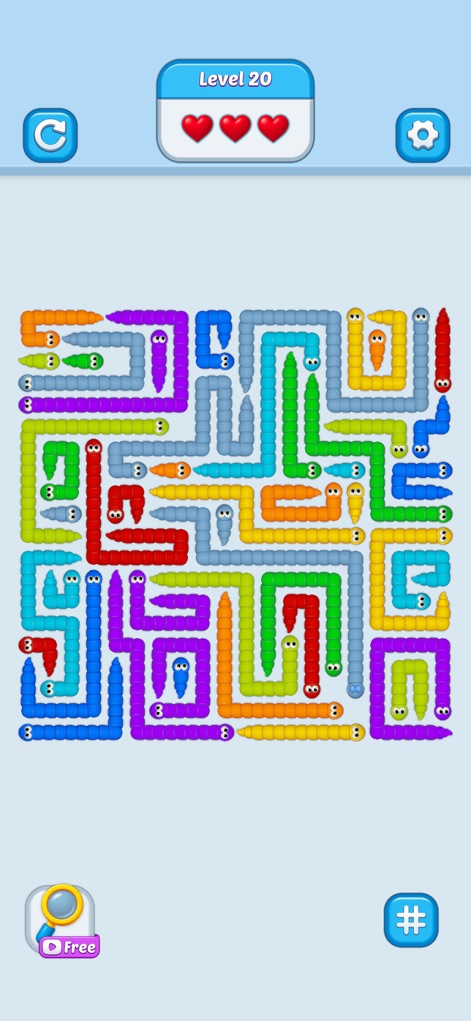 Wiggle Escape: Snake Puzzle - 多様な色のヘビが複雑に絡み合ったグリッドパズルです。このスクリーンショットは、鮮やかな色彩のヘビと、右下に追加されたハッシュタグボタンを示しています。