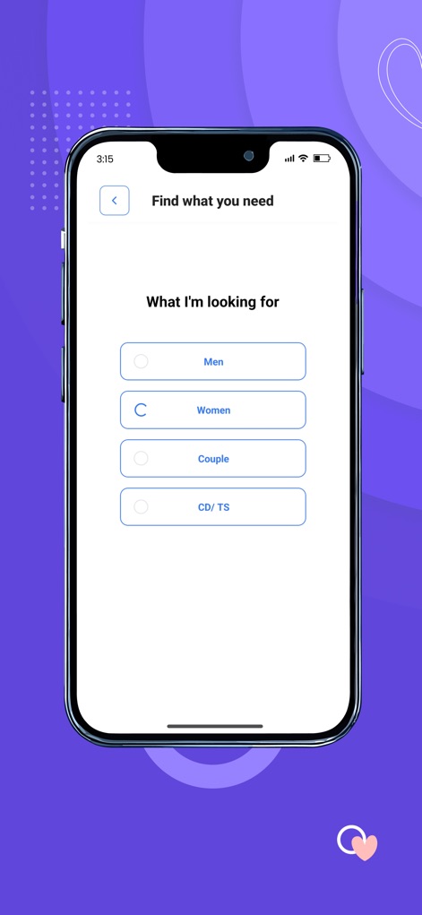 DoubleList - Casual Encounters - Users can precisely define their desired connections, selecting options like "Women" and "Couple" with a single tap for tailored results.