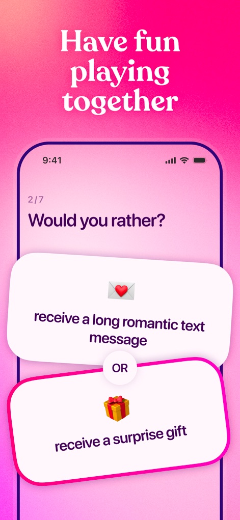 Couple Joy - Relationship App - O aplicativo oferece jogos interativos como o "Você Prefere?", que permite aos parceiros explorar as preferências um do outro de forma lúdica e engajante.