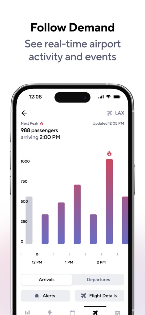 Gridwise: Gig Driver Assistant - Esta función muestra la demanda en tiempo real en aeropuertos, presentando un gráfico de barras con el número de pasajeros y pestañas para 'Arrivals' y 'Departures'.