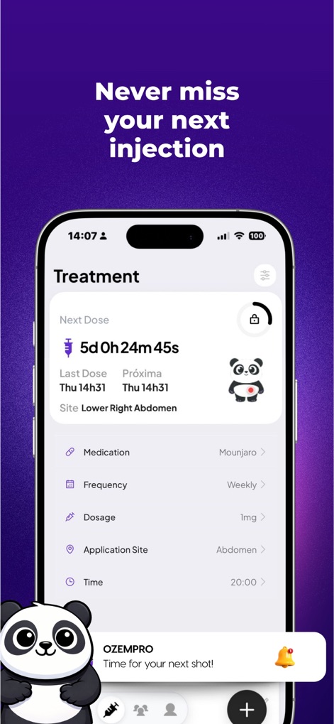 OzemPro: GLP1 Tracker - O aplicativo oferece um lembrete visual para a próxima dose com a contagem regressiva e permite configurar detalhes da aplicação, como o local da injeção e a dosagem.