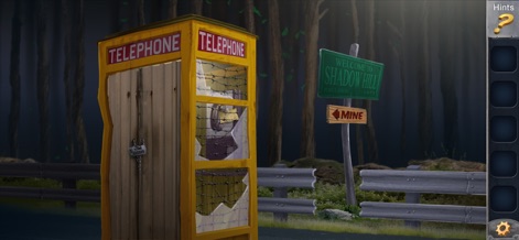 Prison Escape Puzzle Adventure - O aplicativo cria atmosferas imersivas e ligeiramente assustadoras, com uma cabine telefônica antiga e uma placa de boas-vindas à "Shadow Hill" ao lado de uma floresta.