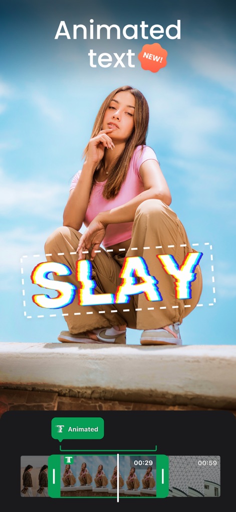 Video Maker & Editor: Dizzi AI - Users can elevate their content with dynamic animated text, easily adding impactful captions like "SLAY" and precise timing controls on the editing timeline.