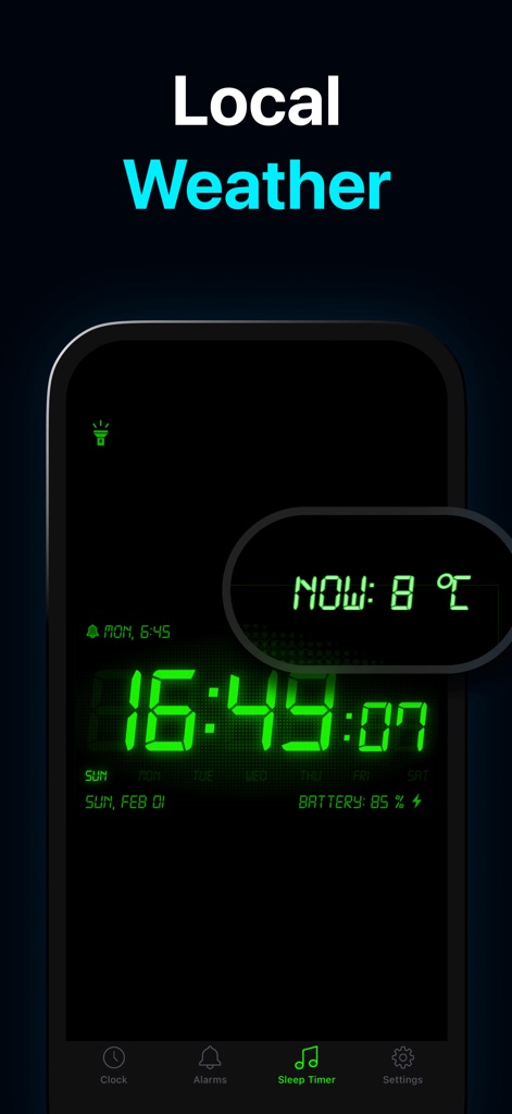 Alarm Clock HD - La pantalla principal del reloj integra información del clima local, mostrando la temperatura actual junto a la hora en un formato digital verde.
