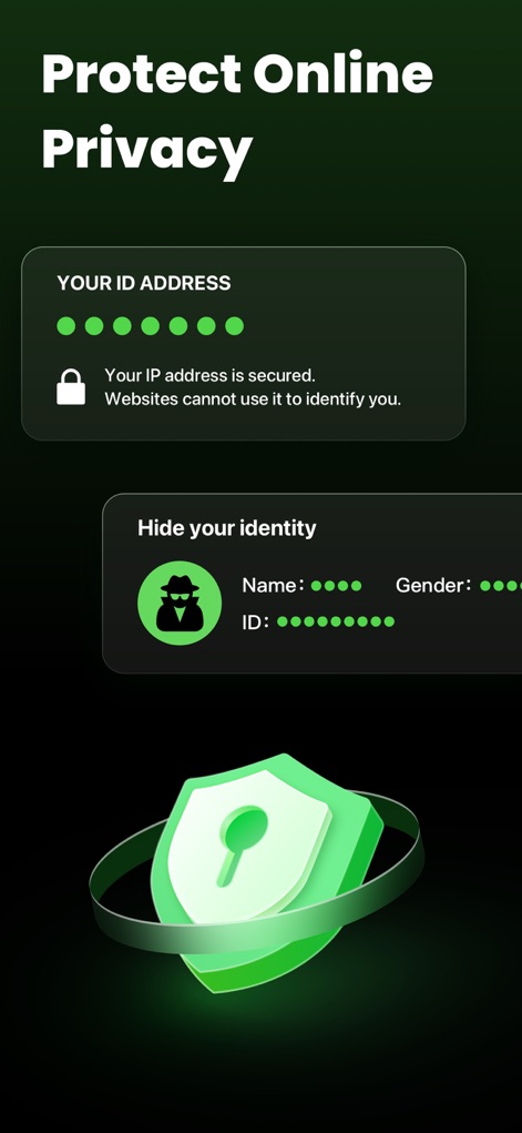 Melon VPN - Easy Fast Low-cost - The tool ensures robust online privacy by obscuring the user's IP address and offering features to hide personal identity, symbolized by the prominent security shield icon and padlock.