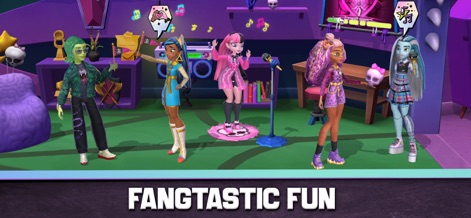 Monster High Fangtastic Life - Experience fangtastic fun as various Monster High characters engage in lively activities, including using a microphone stand for performances.