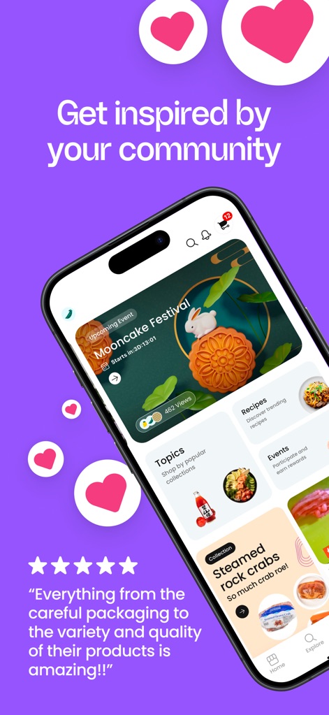 Weee! #1 Asian Grocery App - Connect with a vibrant community that offers inspiration through featured cultural events like the 'Mooncake Festival' and a dedicated 'Recipes' section for culinary exploration.